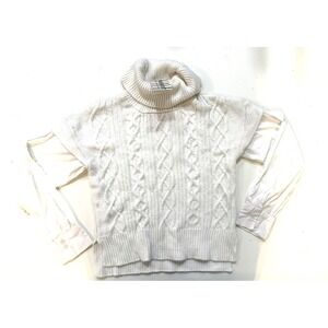 Anthropologie Sweater Womens Ivory Cable Knit Turtleneck Layered Shirt Cuffs NWT